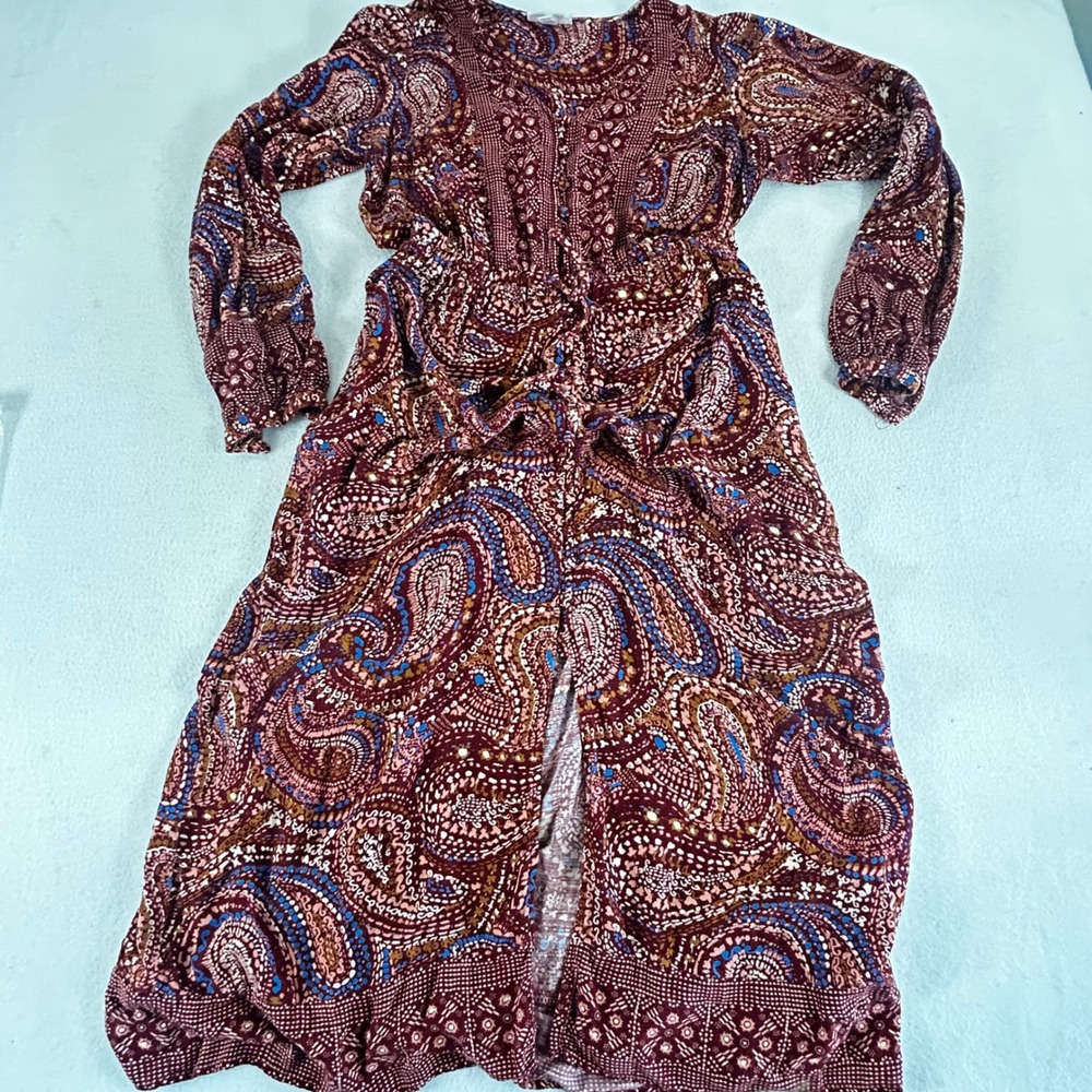 Knox Rose Womens Small Burgundy Paisley Boho Button Front Midi Dress Long Sleeve